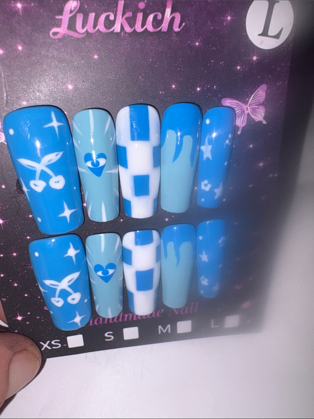 PREMIUM CUSTOM MADE NAIL SET : BLUE &WHITE DESIGN 3.0” Sz L  COFFIN FIRM$15 SALE